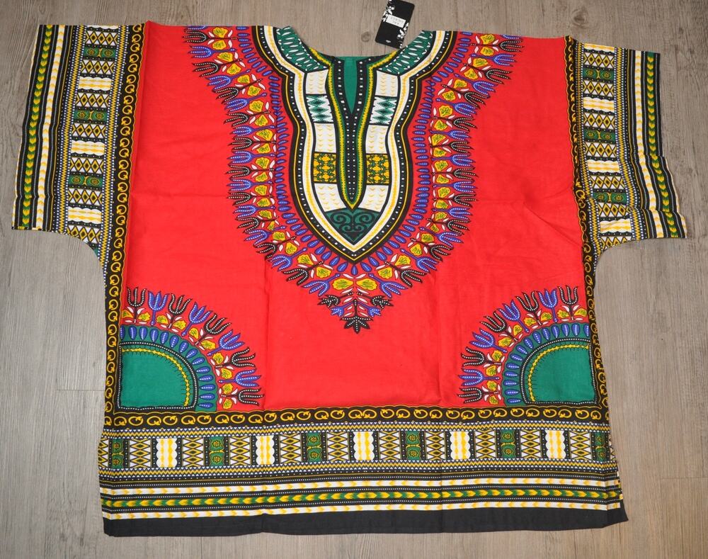 Dududai African Dashiki Shirt Unisex XXL Red Multicolor Tribal Tunic